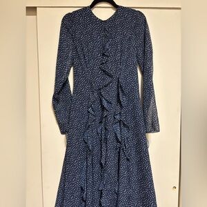 Mikael Aghal Navy Polka Dot Midi Dress with Ruffles